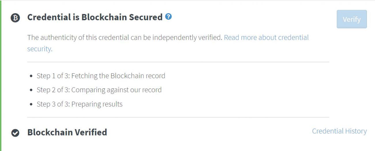 Blockchain verification screen with Ideo certificate