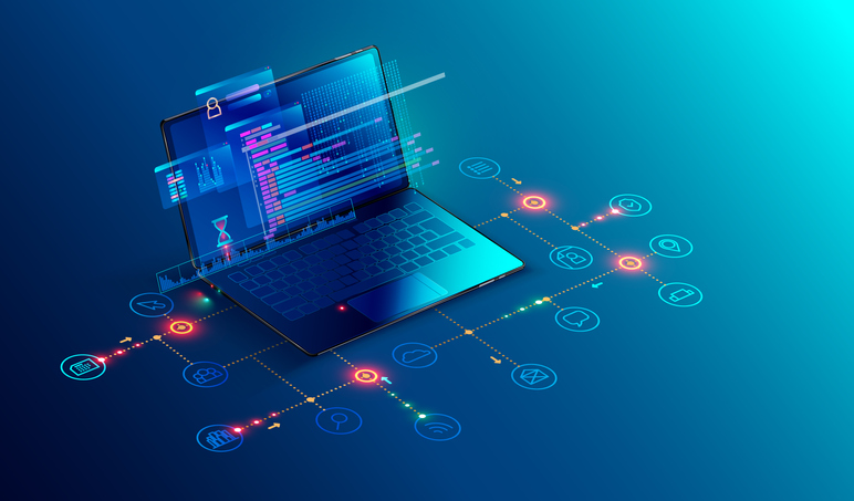 Code, Software, web development, programming concept. Abstract Programming language and program code on screen laptop. Laptop and icons company network . Technology process of Software development