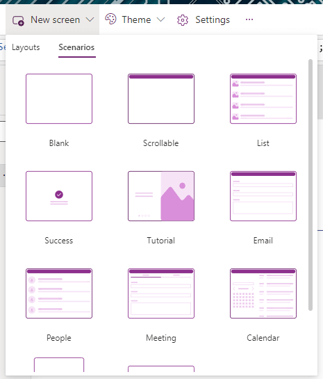 Figure 5: Scenario selection for screens